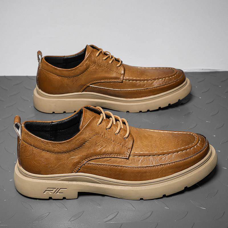 潮牌2025秋季皮鞋真皮男士皮面工装鞋欧美耐磨休闲厚底低帮马丁靴