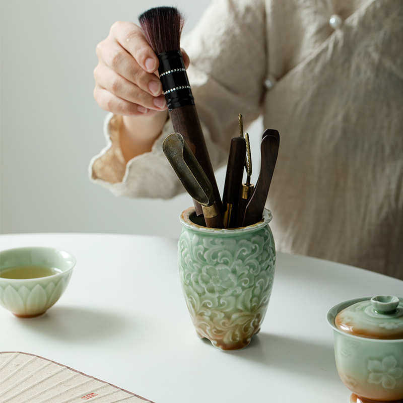 筱竹堂 青瓷浮雕茶道瓶 单个茶筒六君子茶桌花插瓶收纳罐茶具配件