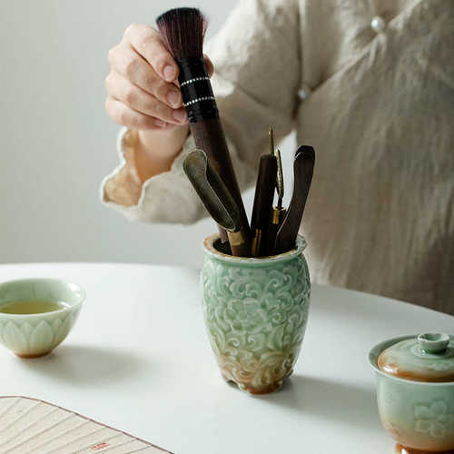 筱竹堂 青瓷浮雕茶道瓶 单个茶筒六君子茶桌花插瓶收纳罐茶具配件