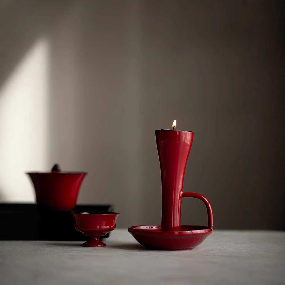 赭梦朱红光面色釉高颜值烛台茶空间家用禅意餐桌茶几摆件茶道配件