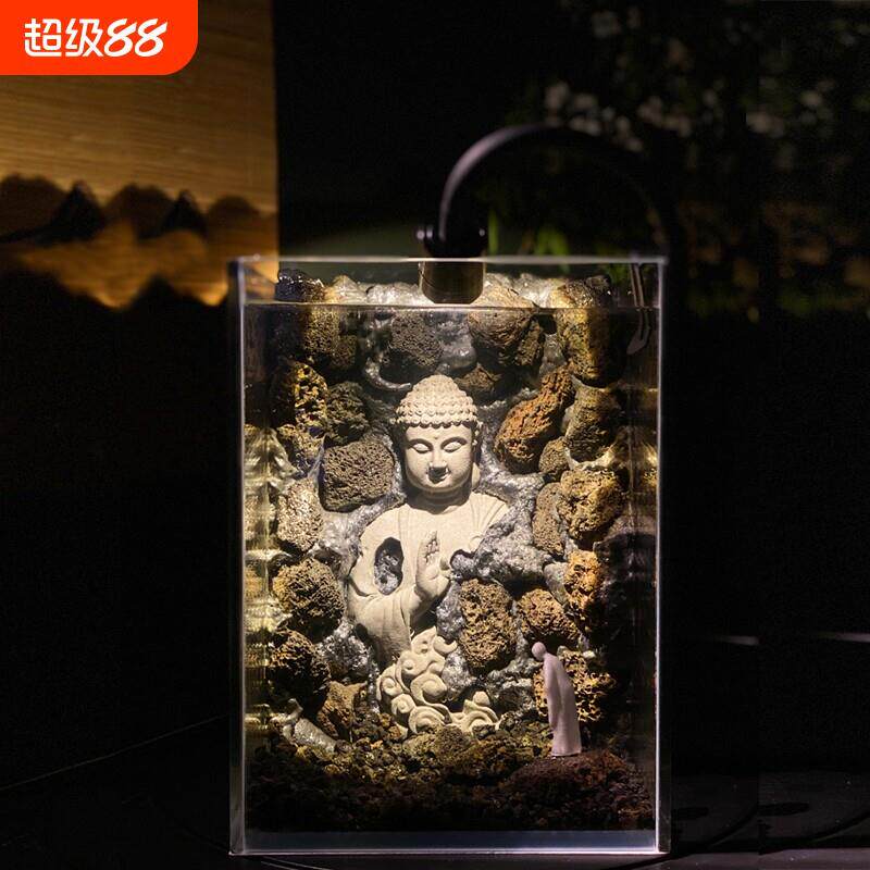 玻璃鱼缸摆件客厅超白斗鱼缸月球创意造景夜灯全套桌面送礼生态缸