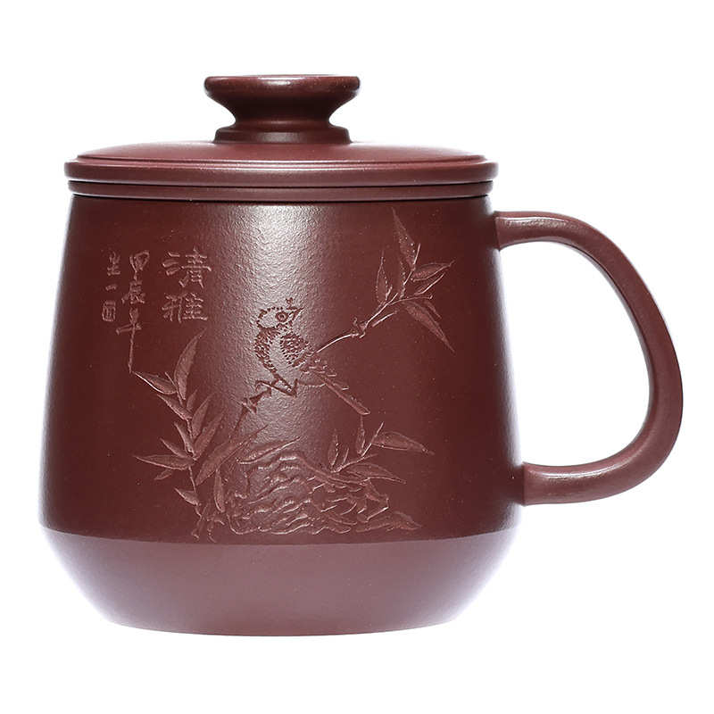 批发原矿紫砂杯宜兴手工刻绘竹子办公室泡茶带过滤芯盖杯礼品套装