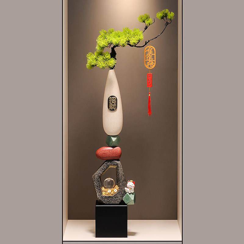 创意竖高石来运转花瓶摆件新中式客厅玄关迎客松花艺装饰新房摆设