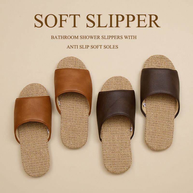 高级感亚麻拖鞋女四季家居室内家用吸汗防臭皮拖鞋男士夏季办公室