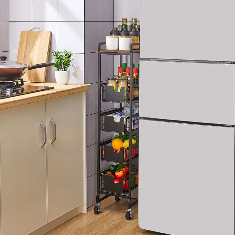 抽屉式厨房夹缝置物架冰箱旁缝隙水果蔬菜篮落地式收纳架子可移动