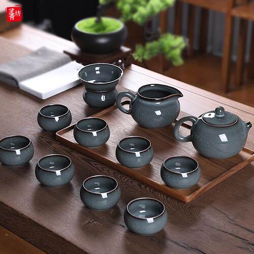 青瓷高端功夫茶具套组家用办公室会客送礼陶瓷泡茶壶茶杯哥窑冰裂