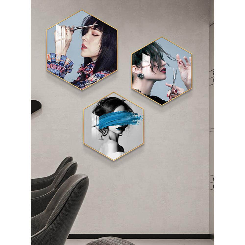 理发店墙面装饰画美容美发店挂画发廊六边形发型图片沙发背景墙画