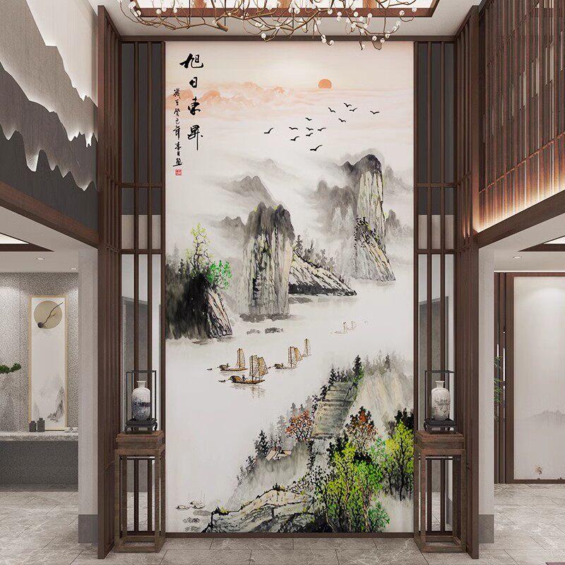 新中式18d水墨山水画玄关背景墙布8d旭日东升装饰墙壁纸过道壁画