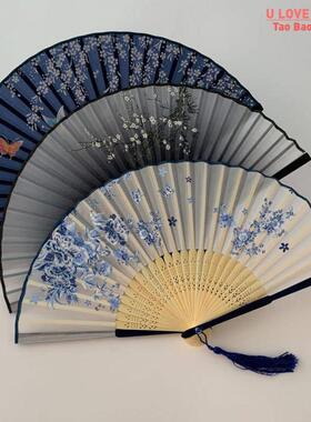 Vintage Style Silk Folding Fan Chinese Japanese Pattern Art