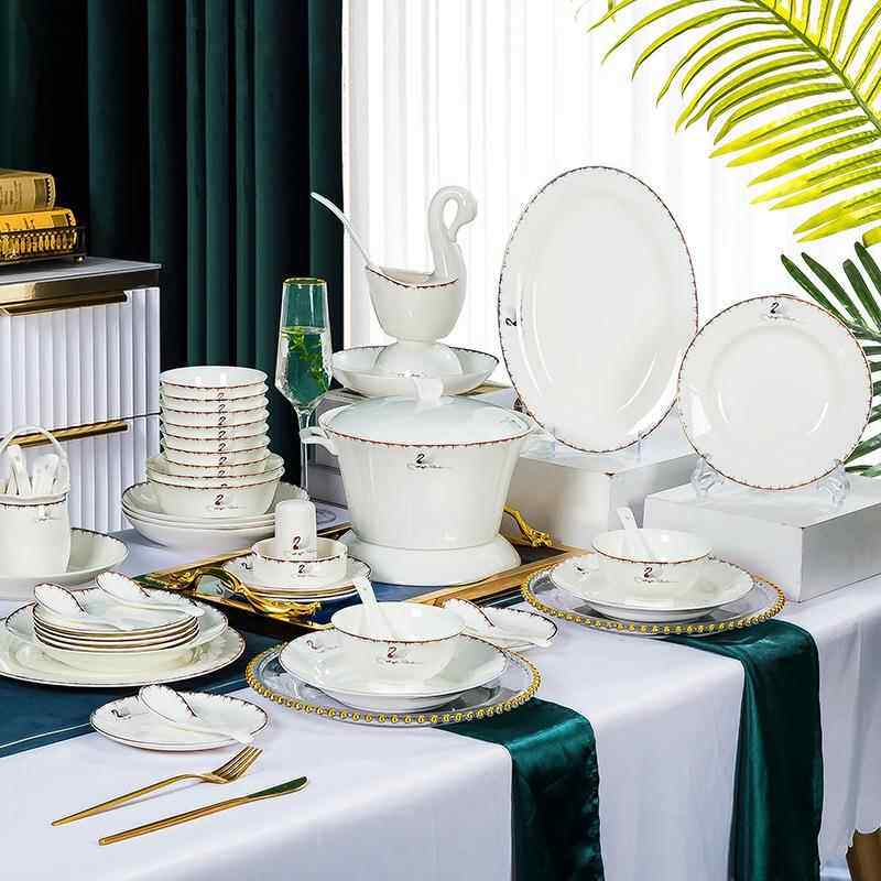 陶瓷碗具套装家用碗碟瓷器骨瓷碗筷中式礼品 ins可爱包邮餐具