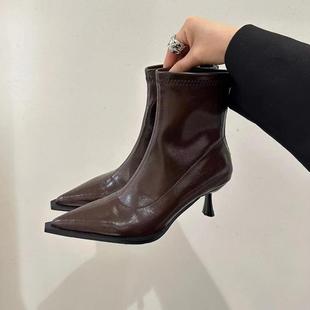 秋冬季 尖头高跟短靴女25年细跟瘦瘦女靴感短筒1228n 新款