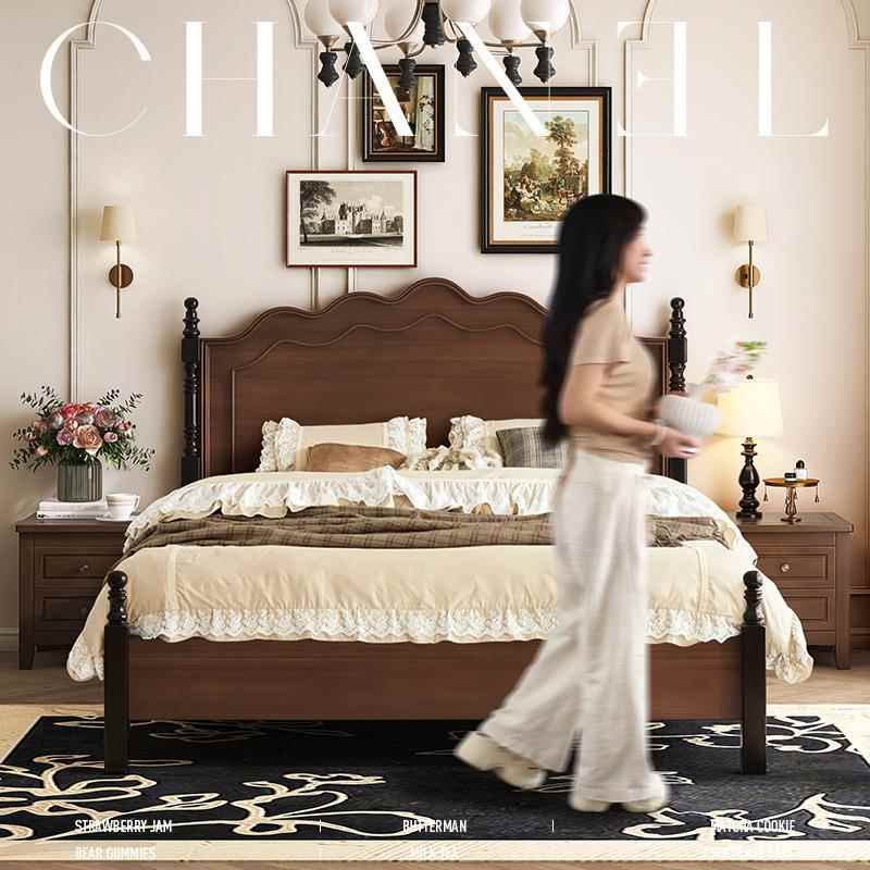 美式实木床现代简约1.5m1.8m双人床中古床复古法式床主卧轻奢婚床