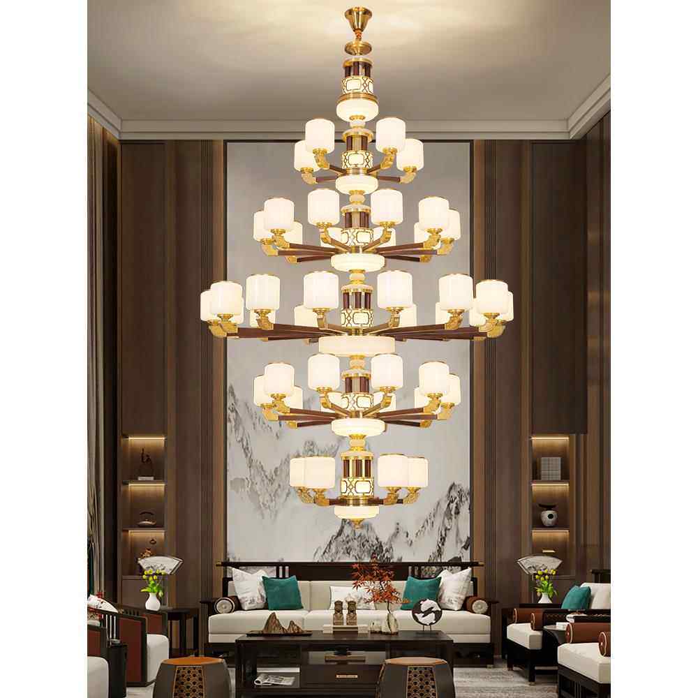 全铜新中国风实木覆式建筑别墅客厅大吊灯豪华大气空心地板楼梯长