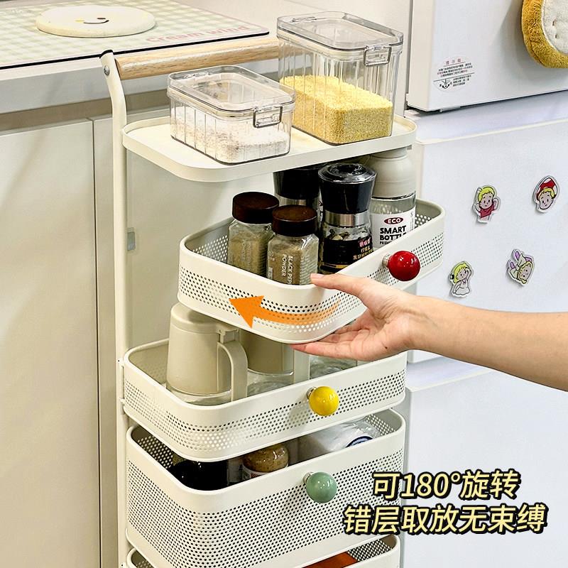 厨房多层旋转调料置物收纳柜架果蔬拉篮落地小推车