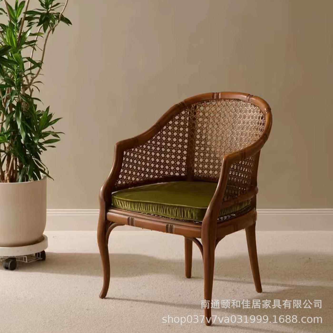 法式复古风实木单人藤编沙发椅竹节设计客厅阳台靠背藤艺休闲椅