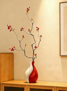 拼色中古风花瓶陶瓷玄关摆件轻奢高级感客厅电视柜小众插花仿真花