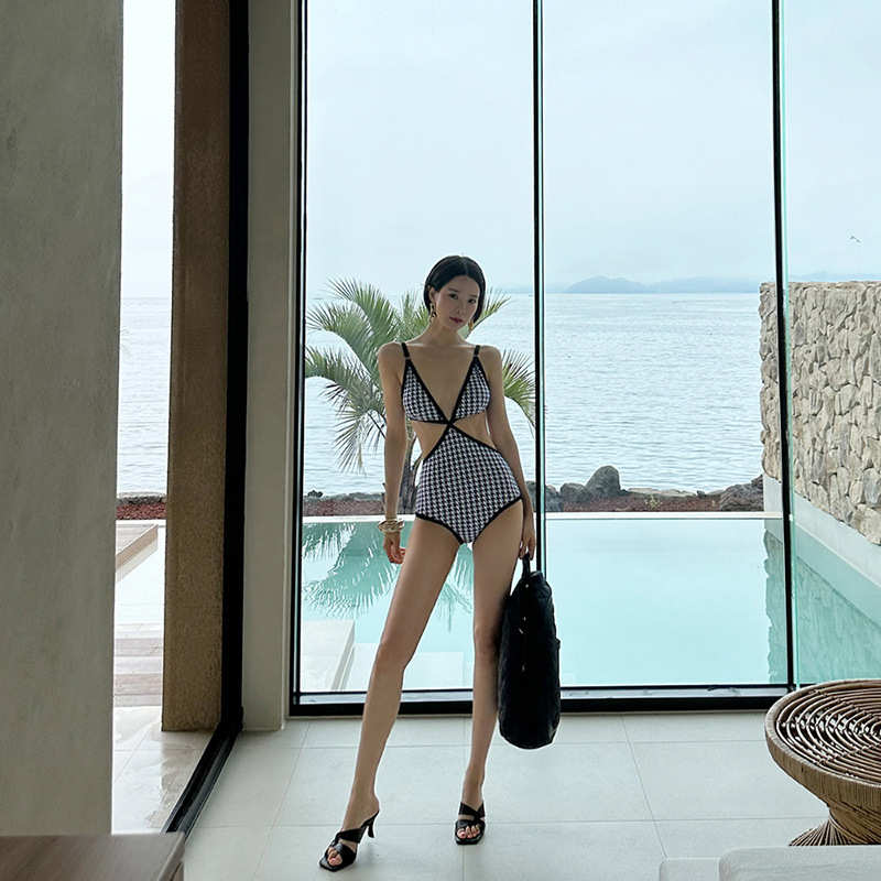 跨境货源韩版性感V领连体比基尼泳衣女千鸟格清新露背显瘦bikini