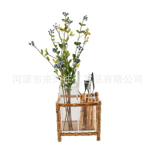 双格笔筒竹节根架高低两格方形透明亚克力桌面插花瓶化妆刷收纳盒