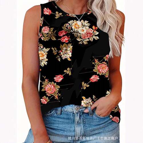 Floral Print Round Neck Tank Top Boho Sleeveless Top for