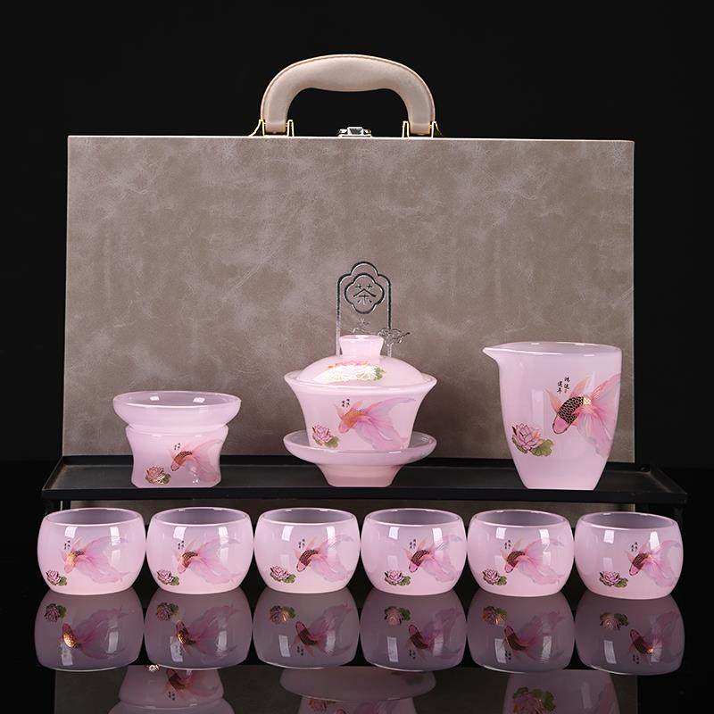 正品鸿夫运莲年琉璃茶具套装家用盖碗茶壶办公粉色室功礼茶具高档