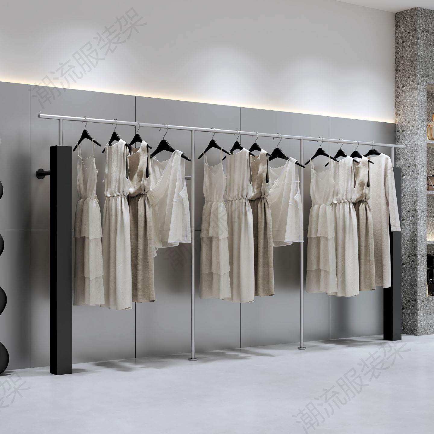 黑色服装展示架陈列架绿色挂衣杆女装店货架方管男装不锈钢上墙架