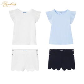 jacadi夏季女童套装法国纯棉薄款纯色花边，短袖t恤+短裤