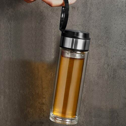 山东厂家吊环透明水杯吊环提绳高硼硅双层玻璃杯 定制广告礼品杯