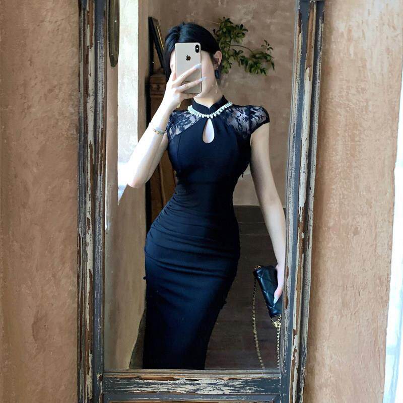 歌沐足晚礼服改良长款开叉旗袍连衣裙性感女装桑拿足浴技师工衣