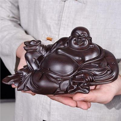 高档黑雕檀木弥勒佛摆件小笑佛实木雕刻红车木质载像车内用品汽车