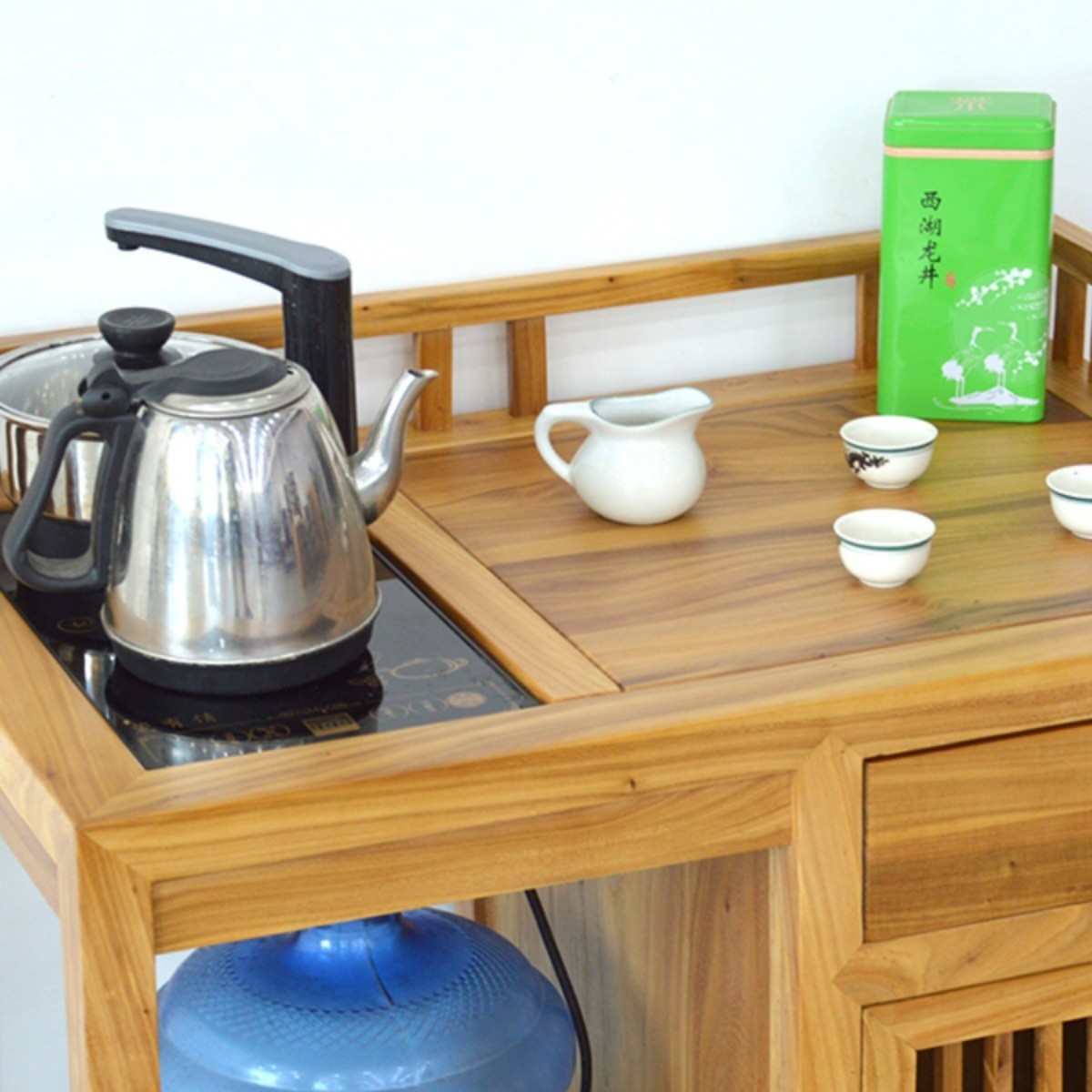 0J新中式茶水柜简约客厅实木餐边柜榆木移动小茶台多功能置物架矮