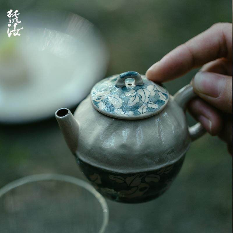 梵汝日式青花纯手绘残叶布里壶茶艺陶瓷茶具文人器泡茶手执壶防烫