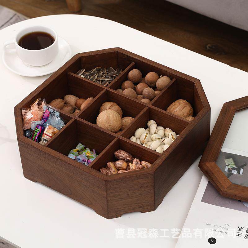 实木收纳盒家用客厅茶几干果坚果盒分格带盖创意婚庆胡桃木九格盘