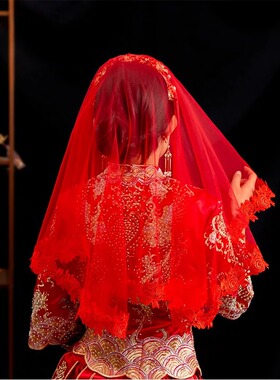 半透明红色头纱中国风结婚新娘软喜帕中式蒙头巾盖头秀禾头饰