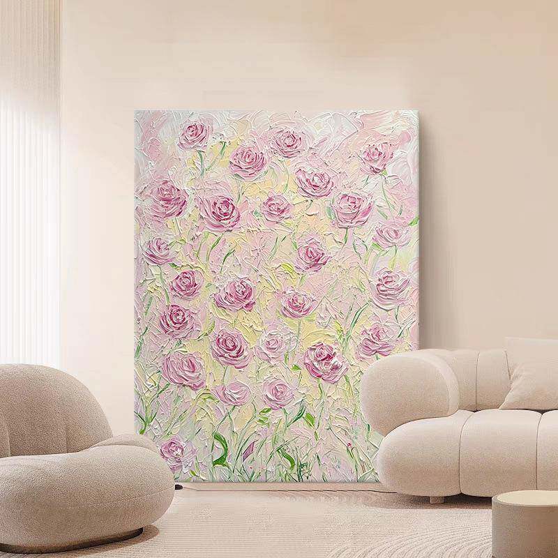 顺丰奶油风玫瑰花肌理感纯手绘油画粉色花海客厅装饰画玄关挂画清