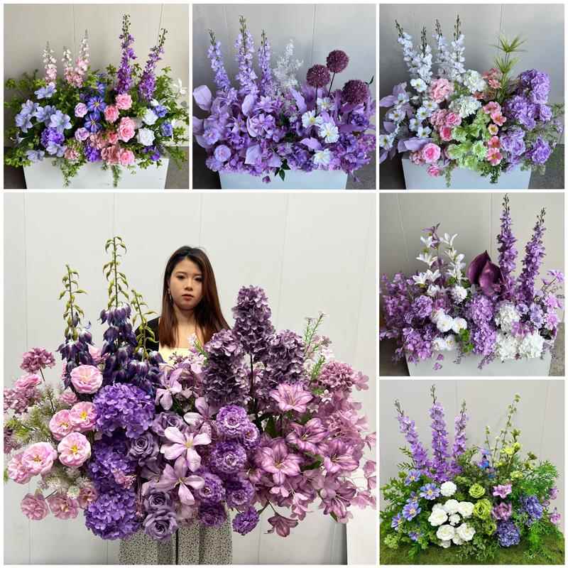 婚庆地排花紫色彷真花婚礼订婚宴布置婚礼堂舞台路引花结婚装饰花