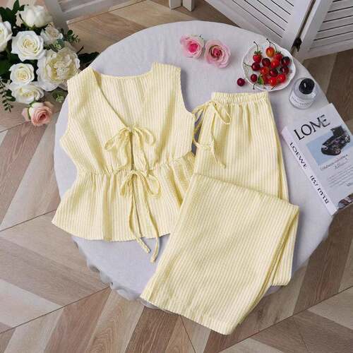 Womens Summer Vest Top Pants Two-Piece Set Casual Striped