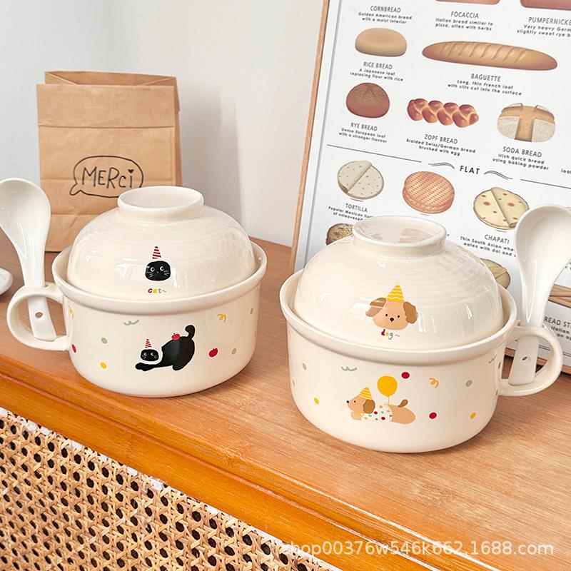 新款泡面碗带盖陶瓷日式可爱卡通带手柄饭碗饭盒汤碗碗宿舍用学生