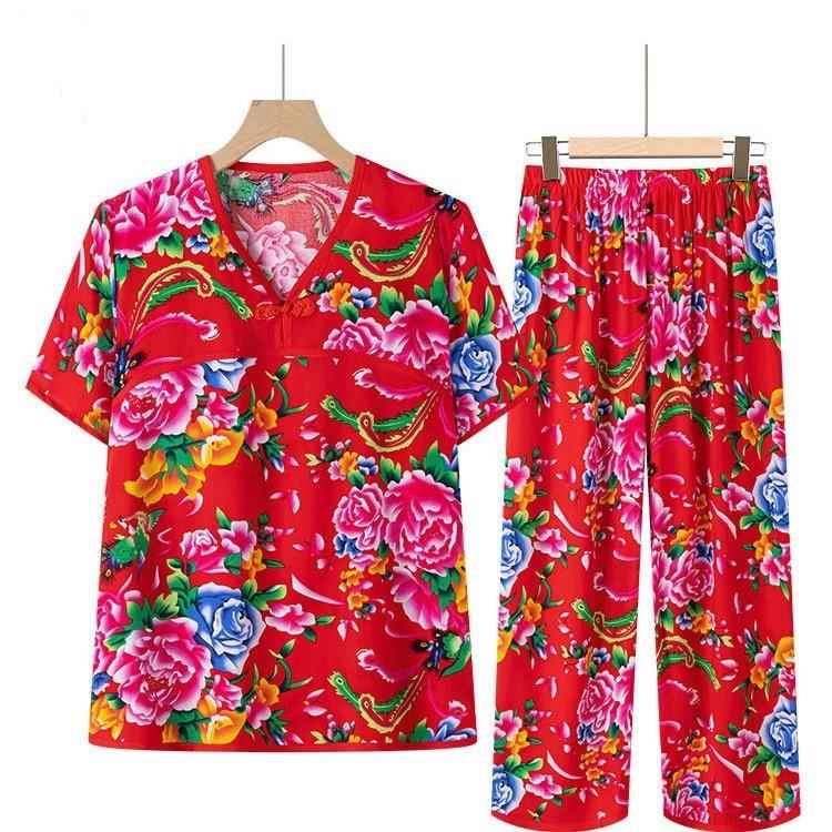 东北大花女装时尚短袖睡衣套装棉绸家居服女款夏季大花布衣服绵绸