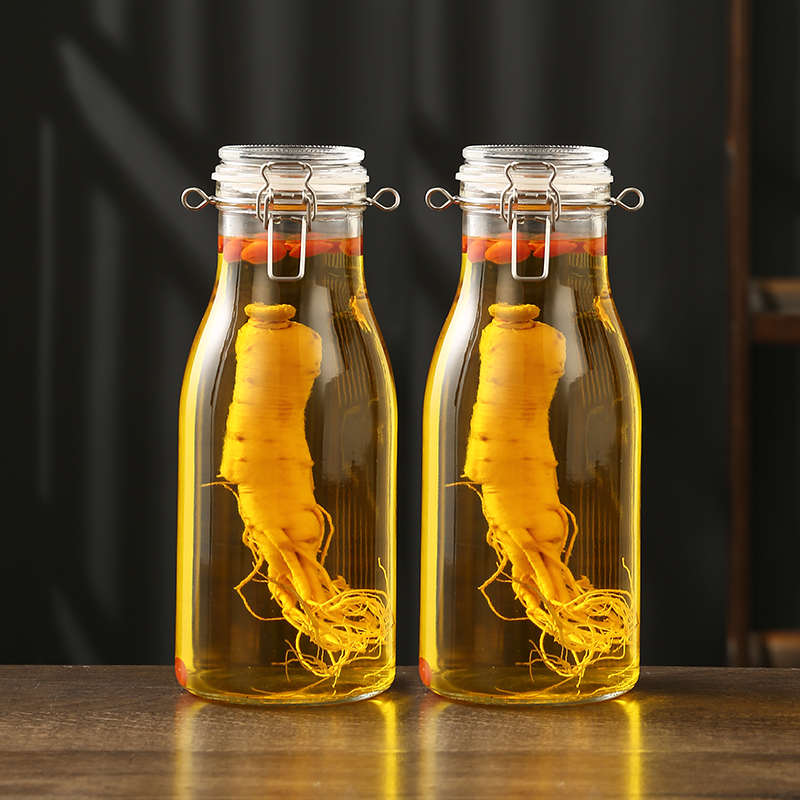 大口泡酒玻璃瓶不锈钢卡扣玻璃盖密封瓶储物罐家用牛奶瓶果汁瓶