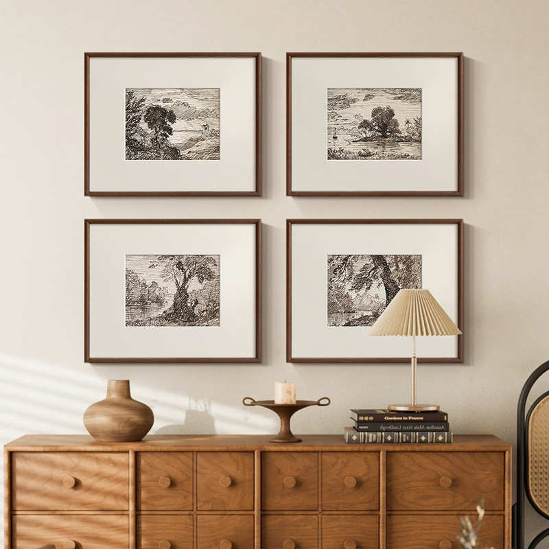 素描森林风景画》法式中古风小众艺术挂画北欧复古客厅玄关装饰画图片