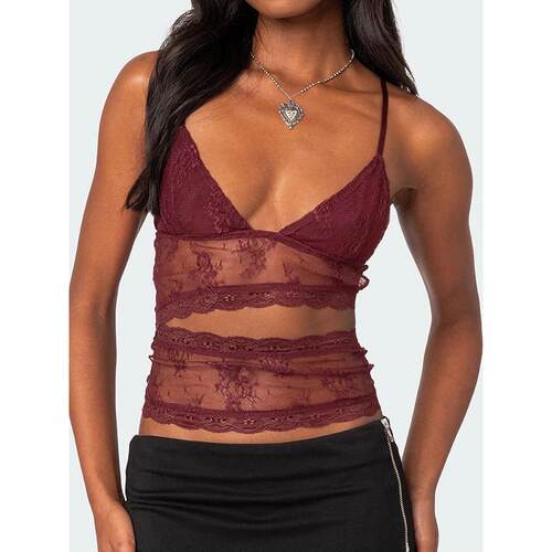 Women Summer Sexy Lace Sheer Camisole V-Neck Spaghetti Strap
