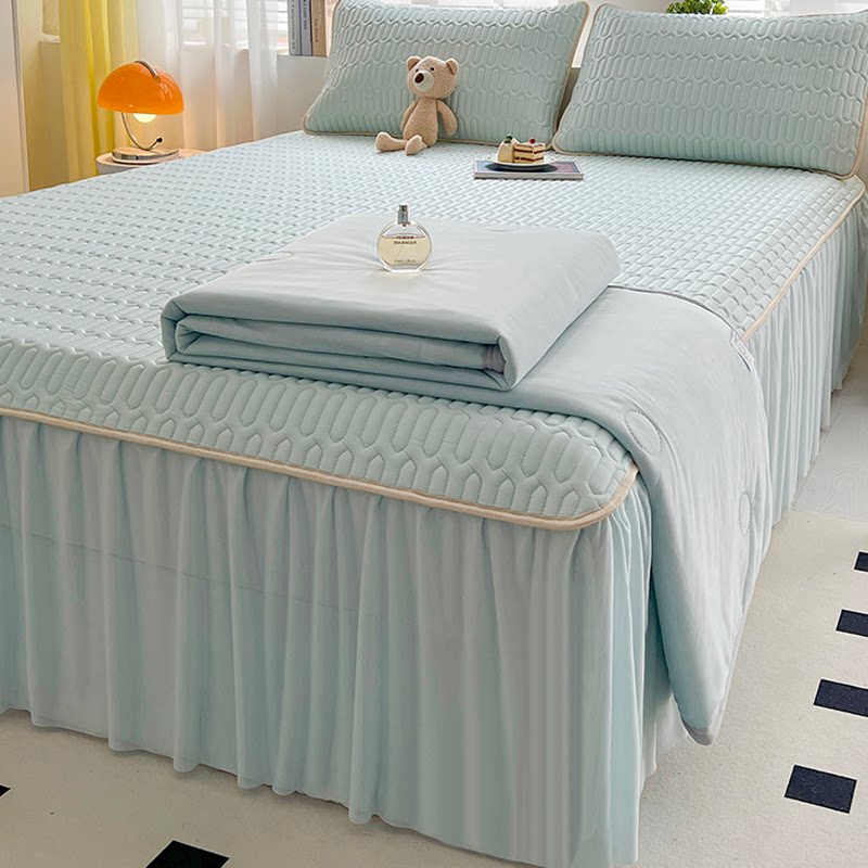 床裙款乳胶凉席四件套夏天床上冰丝席1.8m床罩空调软席纯色公主风