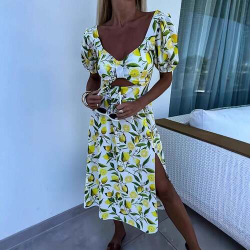 Women ' s Fashion New Lemon Print Short Sleeve Dress , Side