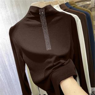 高领打底衫女士春时尚洋气镶钻上衣内搭修身保暖长袖t恤0111e