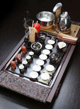 整套家用客厅紫砂功夫陶瓷茶具套装实木茶盘茶具祥云万福茶盘套装
