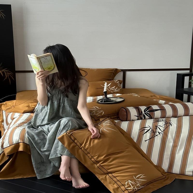 东方美学100S澳棉新中式床上用品数码印花刺绣被套家用纯棉床单++
