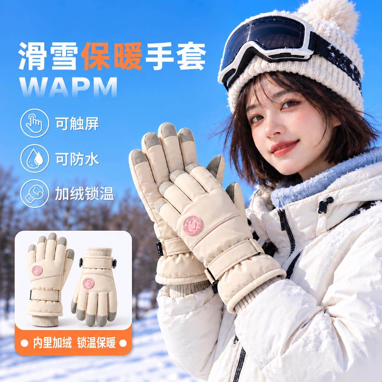 滑雪保暖手套女士冬季加厚绒防寒防水全触屏防滑户外加绒锁温手套