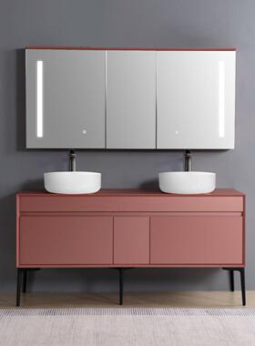 PVC浴室柜帕莎诺瓦红色极简卫生间洗手台双盆LED镜柜一米五落地柜