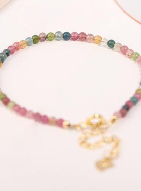 极细天然彩虹碧玺手链旺夫石小众轻奢高级感水晶串珠手饰品
