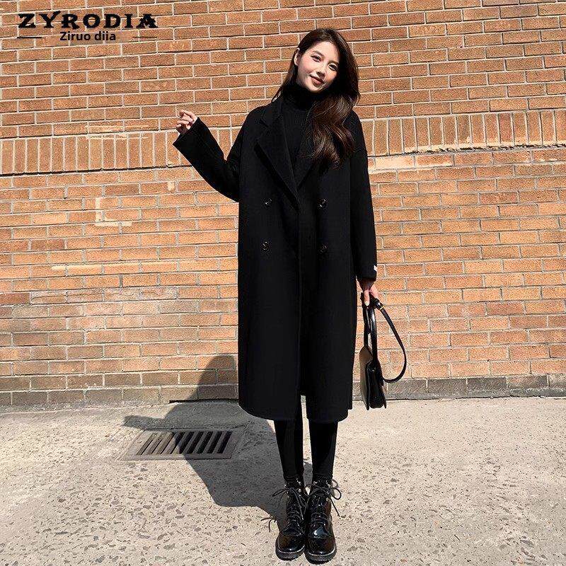 ZYRODIA冬季新款赫本风中长显瘦外套韩版黑色茧型双面羊绒大衣女